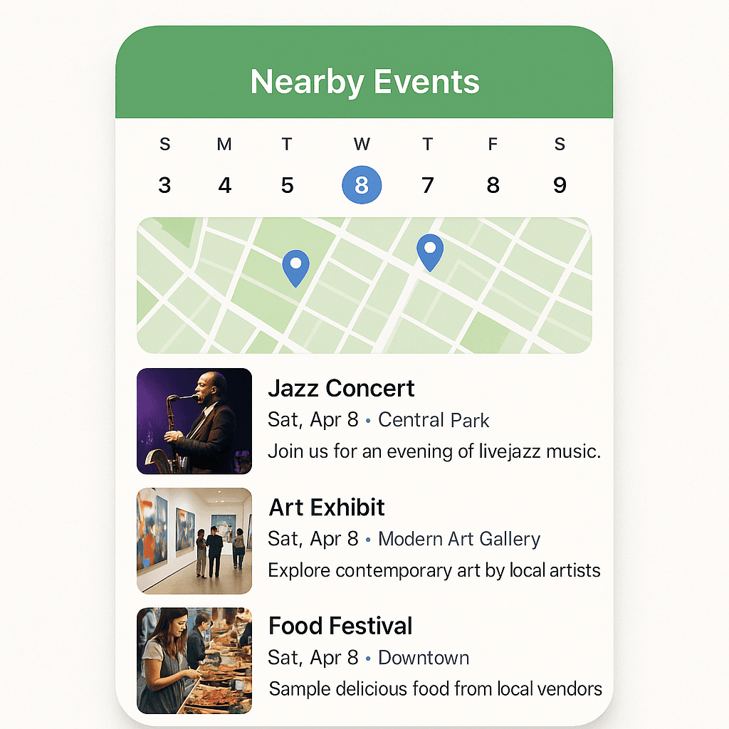 App screen showing a calendar view with local events and festivals highlighted on a map