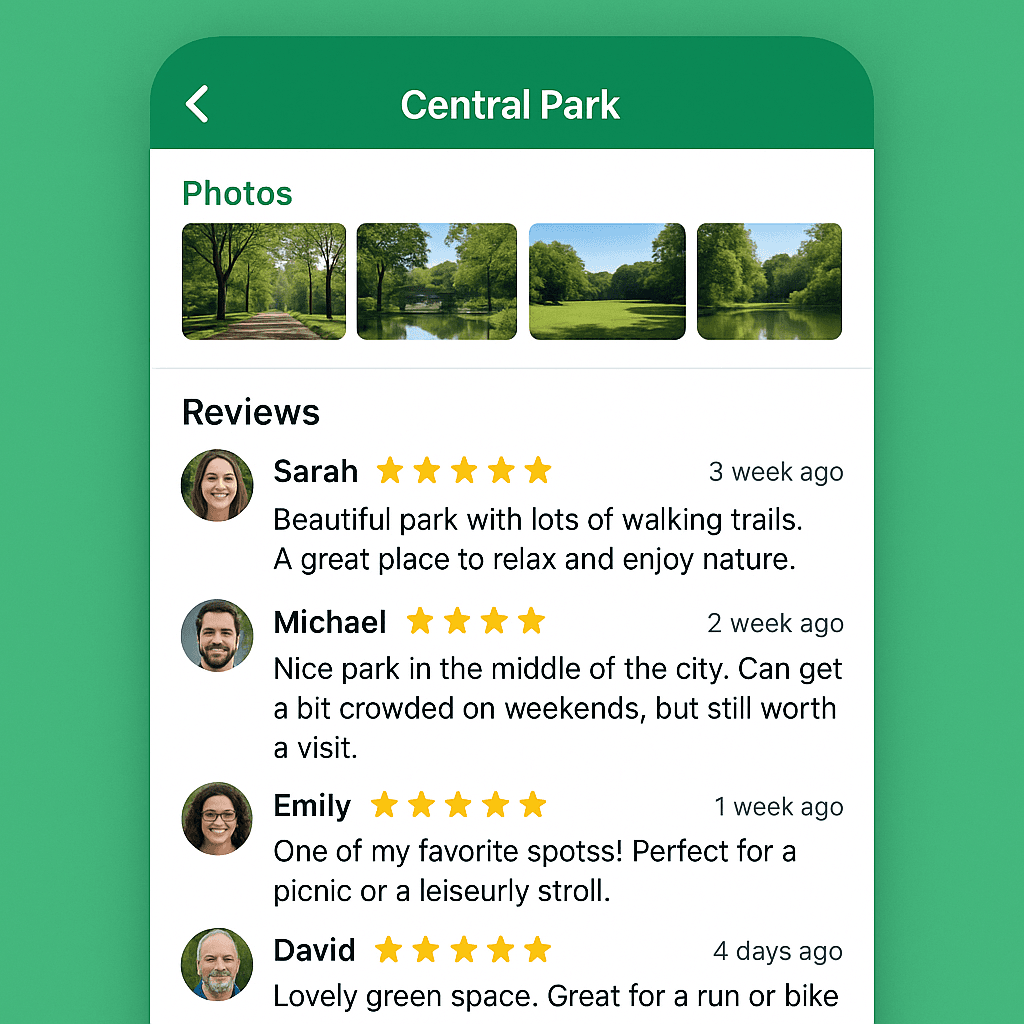 App screen showing user reviews and ratings for a scenic viewpoint with photo gallery