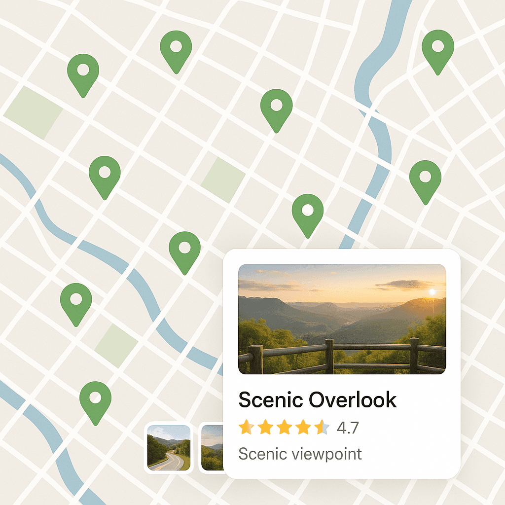 App screen showing a map with highlighted points of interest and attraction cards
