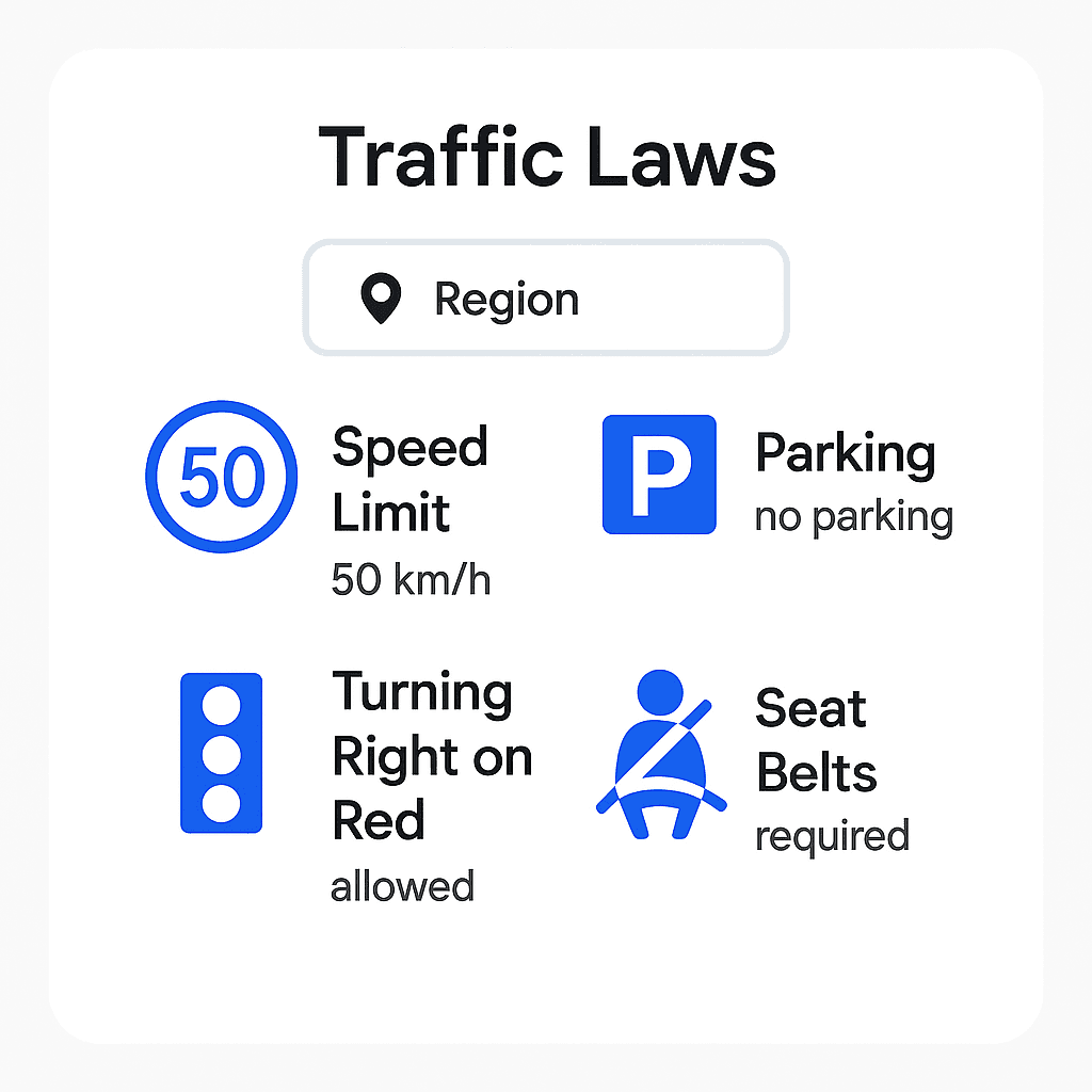 App screen showing traffic laws and regulations for a specific region with visual guides