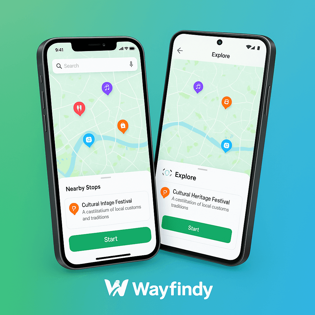 Wayfindy app on multiple devices showing different features and screens