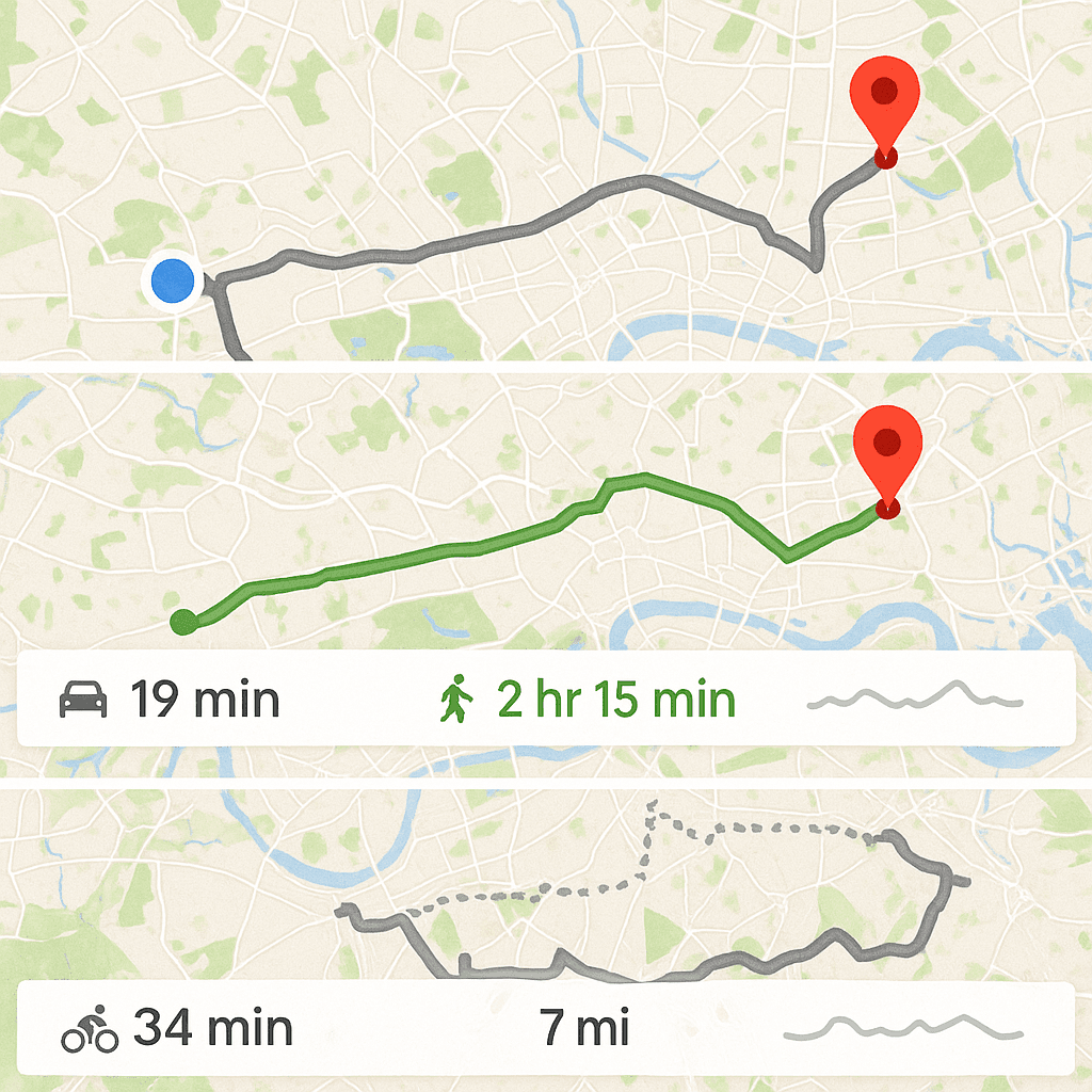 App screen showing multiple route options between two locations with time estimates